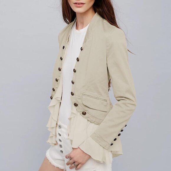 Women’s Beige Casual Ruffle Steampunk Blazer High Low Hem Cotton Jacket - Picture 6 of 7
